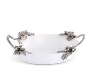 Acorn Oak & Leaf Stoneware Serving Dish with silver-tone metal handles and leaf accents on white ceramic bowl.