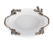 Acorn Oak & Leaf Stoneware Serving Dish with white ceramic bowl and pewter handles decorated with leaf motifs