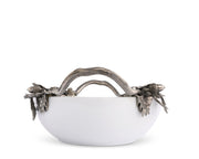 Acorn Oak & Leaf Stoneware Serving Dish, white bowl with ornate silver-toned handles shaped like leaves and acorns.