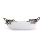 Acorn Oak & Leaf Stoneware Serving Dish, white ceramic bowl with silver metal handles and leaf accents