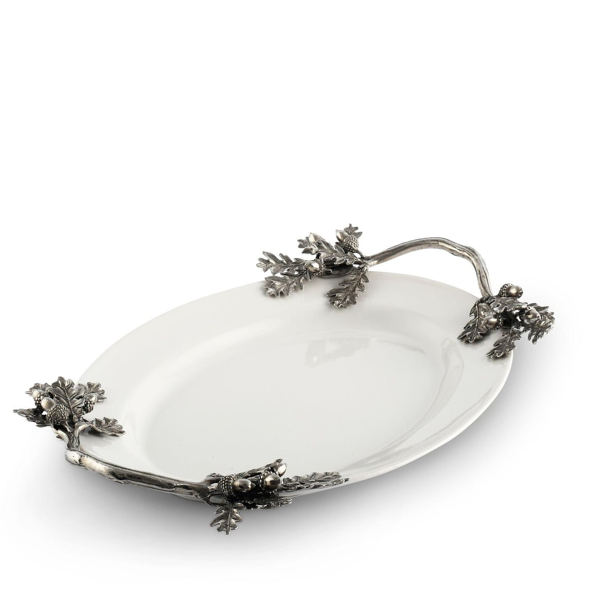 Acorn Oak & Leaf Stoneware Tray - Small, angled overhead view showing white ceramic interior with pewter-finish metal handles and leaf ornaments.