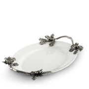 Acorn Oak & Leaf Stoneware Tray - Small, angled overhead view showing white ceramic interior with pewter-finish metal handles and leaf ornaments.