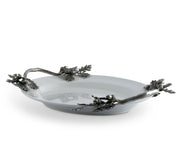 Acorn Oak & Leaf Stoneware Tray - Small, white ceramic with metallic branch handles and leaf embellishments, angled side view