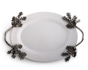 Acorn Oak & Leaf Stoneware Tray - Small, overhead view of white oval dish with metal handles and bronze leaf ornaments at corners.