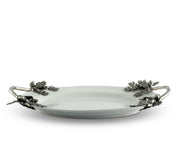 Acorn Oak & Leaf Stoneware Tray - Small, white ceramic dish with ornamental metal handles, side view
