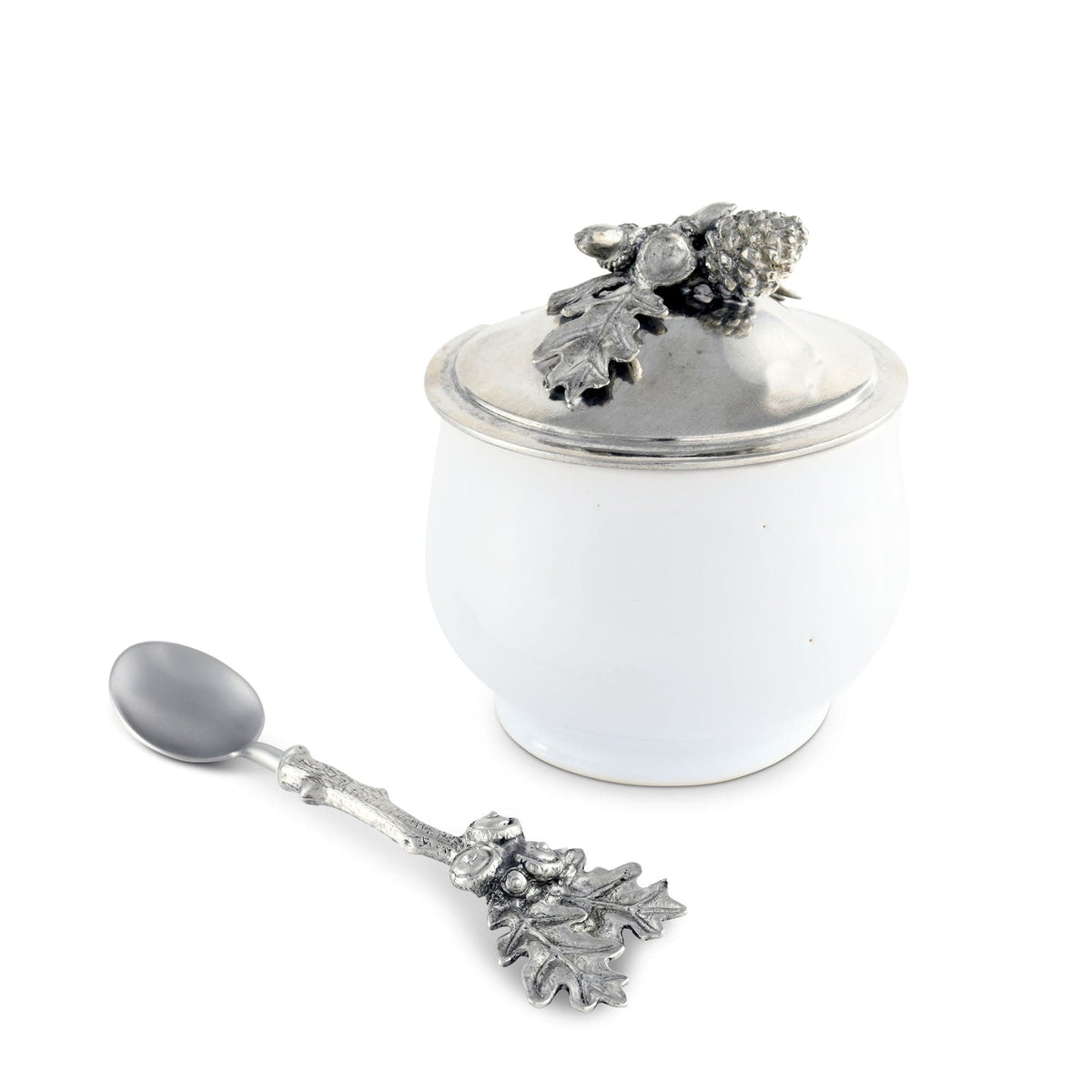 Acorn Oak Leaf Sugar Bowl and Spoon displayed separately showing ceramic vessel and silver-tone utensil.