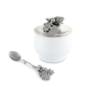 Acorn Oak Leaf Sugar Bowl and Spoon displayed separately showing ceramic vessel and silver-tone utensil.