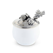 Acorn Oak Leaf Sugar Bowl and Spoon with white ceramic base and silver metal lid and handles.