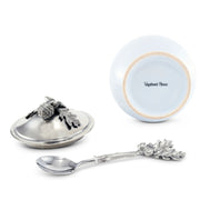 Acorn Oak Leaf Sugar Bowl and Spoon in silver finish with ceramic bowl.