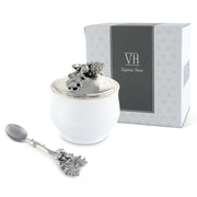 Acorn Oak Leaf Sugar Bowl and Spoon, white ceramic with silver-tone metal lid and utensil, boxed.