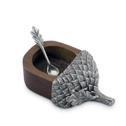 Acorn Salt Cellar with silver-finish serving spoon resting inside wooden bowl