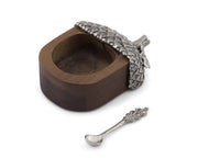 Acorn Salt Cellar with silver-finish lid and wooden serving spoon displayed separately
