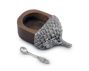 Acorn Salt Cellar with silver-finish acorn lid and wooden base with serving spoon