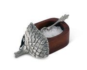 Acorn Salt Cellar with silver-finish lid and wooden bowl containing salt and serving spoon