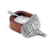 Acorn Salt Cellar with silver-finished metal leaf and wooden bowl filled with sea salt