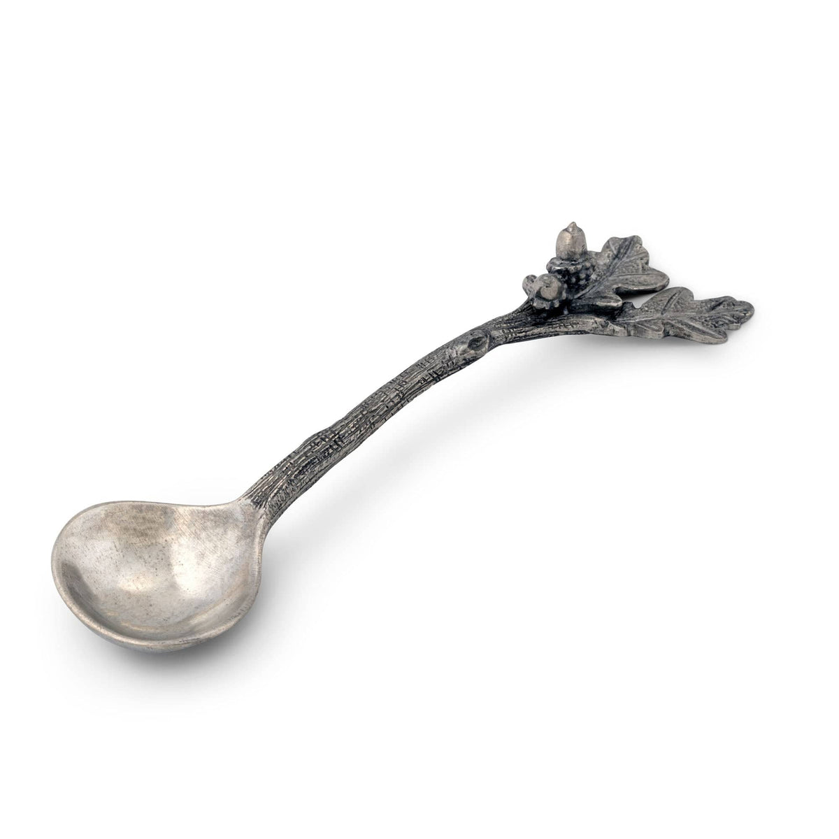 Acorn Small Ladle Spoon displayed at angle showing round bowl and textured stem with leaf handle, silver finish.