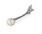 Acorn Small Ladle Spoon with ornate leaf handle, silver-toned metal finish