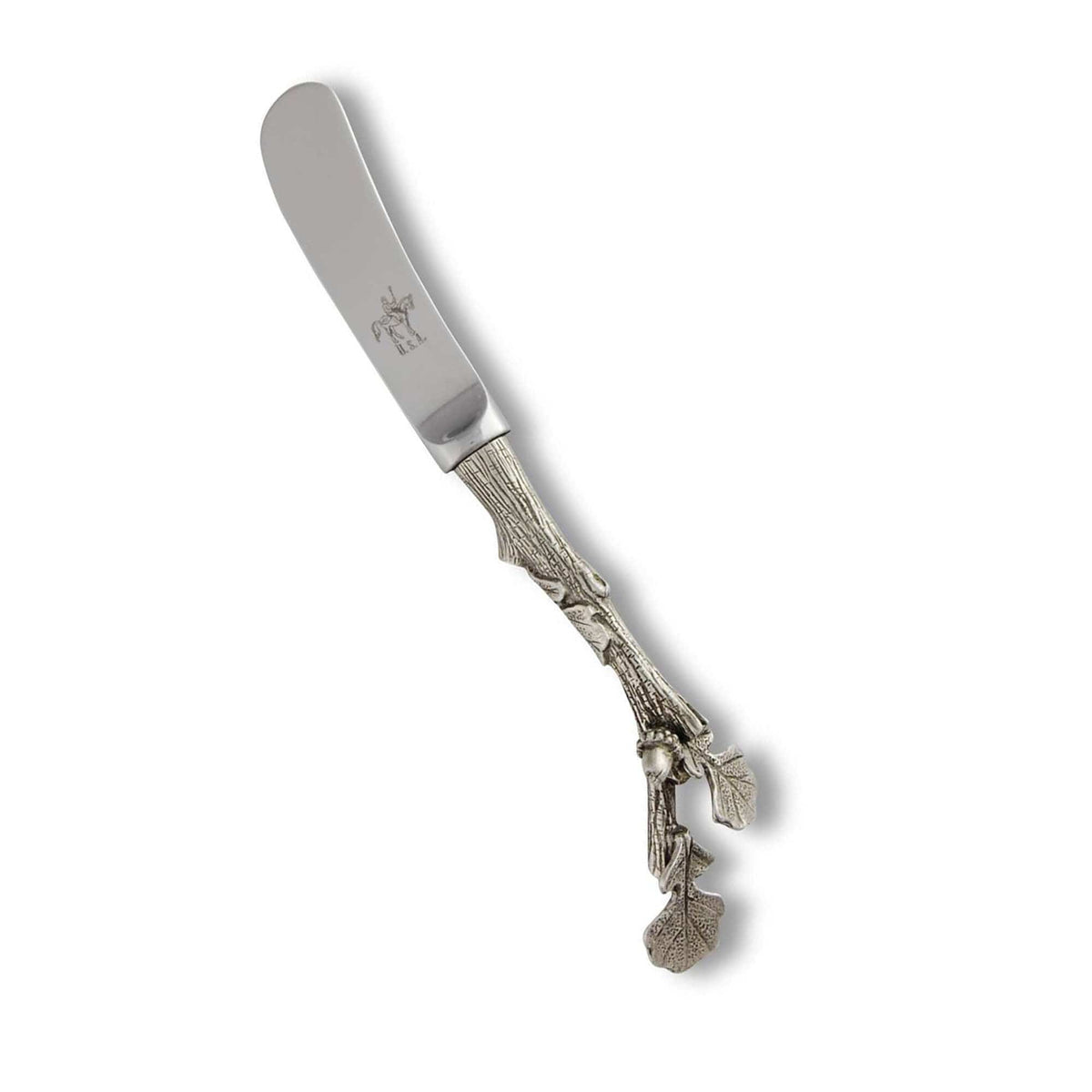 Acorn Spreader with silver handle and stainless steel blade featuring decorative leaf motif.