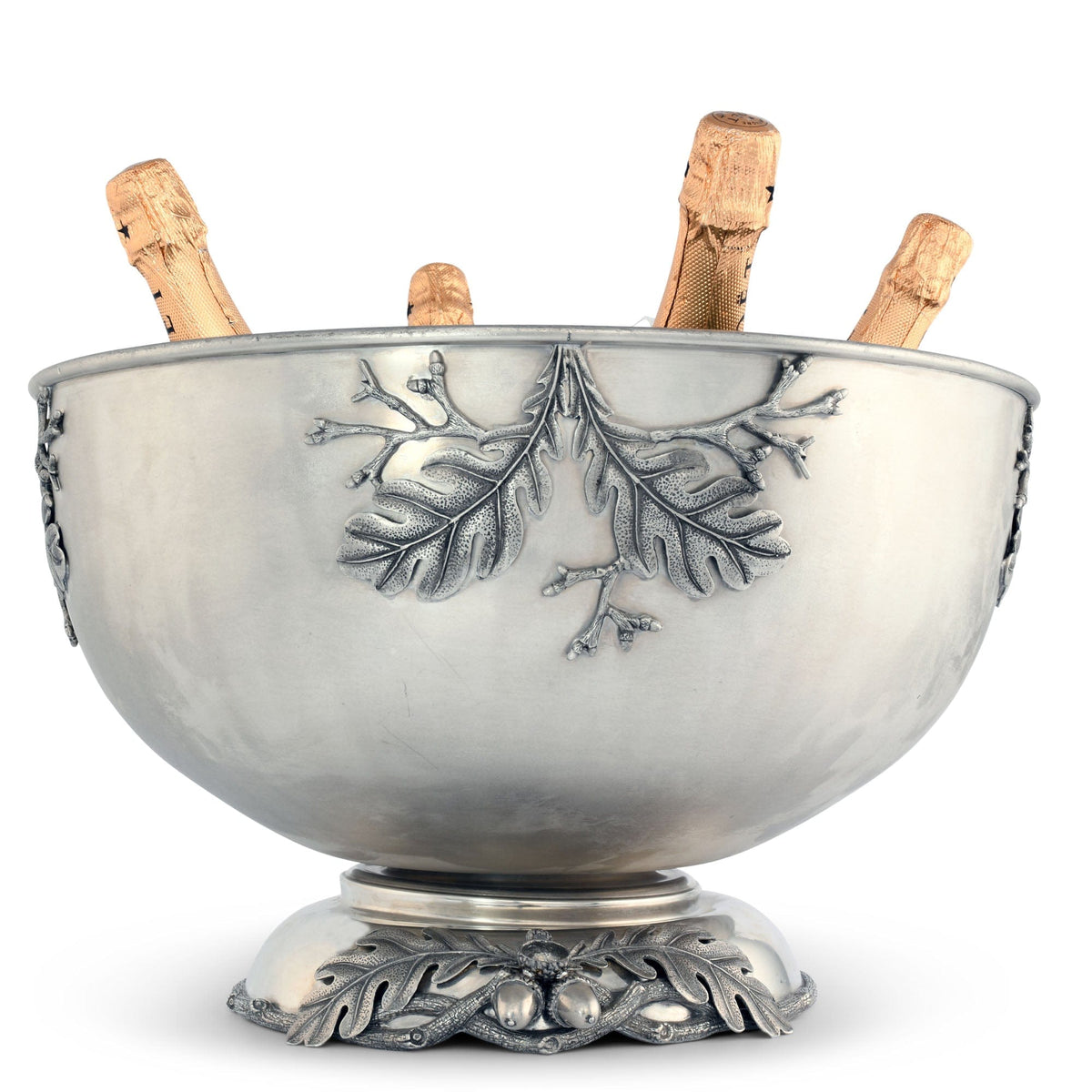 Charter Oak Ice Tub Punch Bowl, silver metal with leaf design, wooden handles, pedestal base.