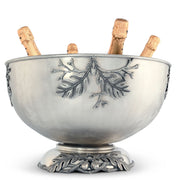 Charter Oak Ice Tub Punch Bowl, silver metal with leaf design, wooden handles, pedestal base.