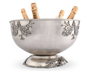 Charter Oak Ice Tub Punch Bowl, silver metal bowl with leaf design and cork-handled bottles