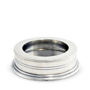 Classic Pewter Wine Coaster, round metallic dish with grooved sides and hollow center, angled view.