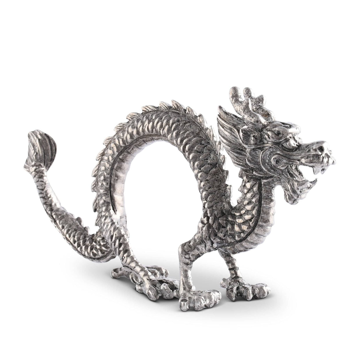 Dragon Napkin Ring in silver metal with scaled body and ornate head detail.