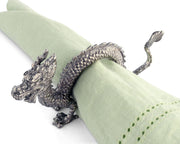 Dragon Napkin Ring in silver metal with pale green linen napkin