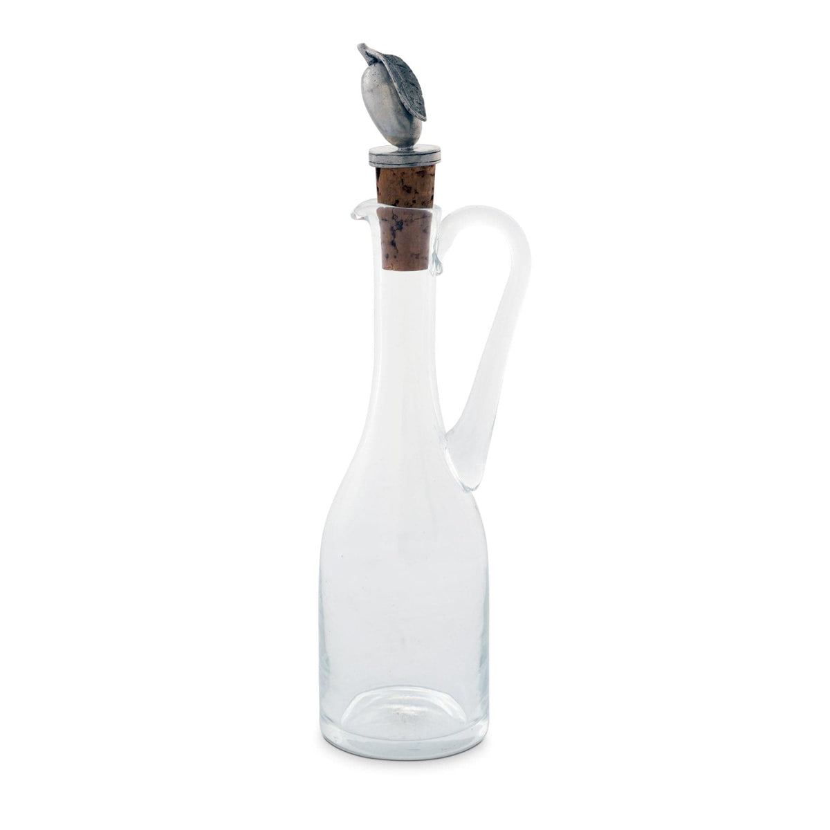 Cruet Bottle with Pewter Olive Head Cork Stopper, clear glass with handle