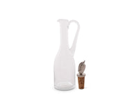 Cruet Bottle with Pewter Olive Head Cork Stopper, clear glass with handle and decorative metal-topped stopper.