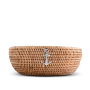 Anchor Hand Woven Wicker Natural Rattan Serving Bowl with silver anchor emblem on tan woven exterior