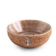 Anchor Hand Woven Wicker Natural Rattan Serving Bowl, empty with glass insert visible from above