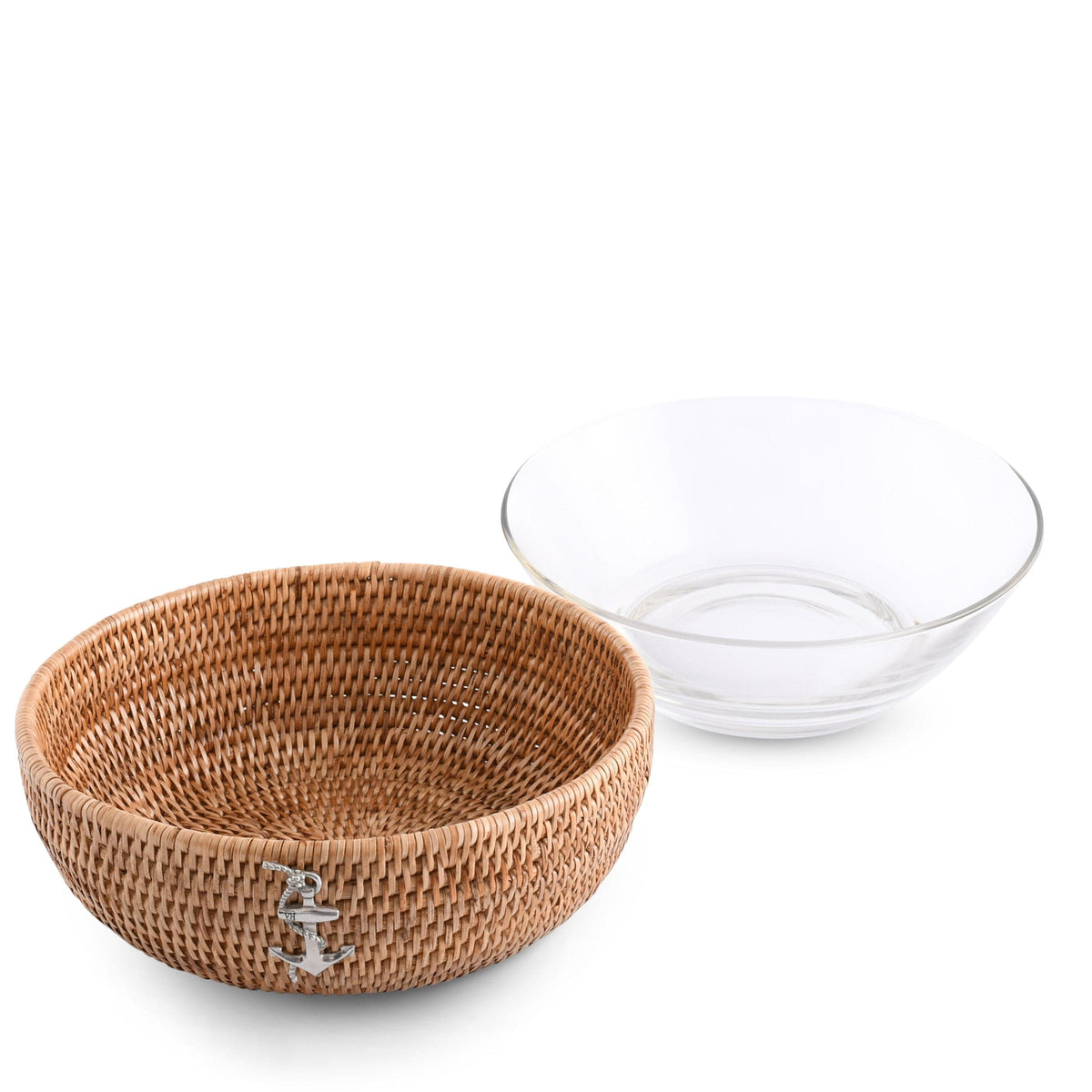 Anchor Hand Woven Wicker Natural Rattan Serving Bowl next to removable glass insert bowl