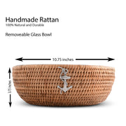 Anchor Hand Woven Wicker Natural Rattan Serving Bowl with removable glass insert, 10.75 inches wide