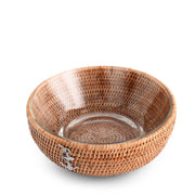 Anchor Hand Woven Wicker Natural Rattan Serving Bowl, empty with clear glass insert visible inside