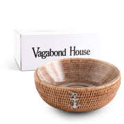 Anchor Hand Woven Wicker Natural Rattan Serving Bowl with white interior and silver anchor emblem on side