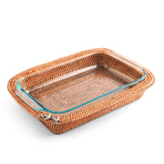 Anchor Hand Woven Wicker Rattan 3qt Rectangular Casserole Holder, angled side view showing natural tan exterior and turquoise fabric lining.