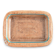 Anchor Hand Woven Wicker Rattan 3qt Rectangular Casserole Holder, natural tan with turquoise trim, top view.