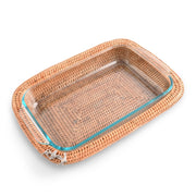 Anchor Hand Woven Wicker Rattan 3qt Rectangular Casserole Holder, angled side view showing turquoise trim detail.