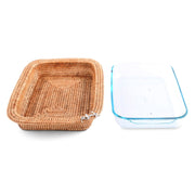 Anchor Hand Woven Wicker Rattan 3qt Rectangular Casserole Holder, natural tan and blue plastic liner, side-by-side comparison view.