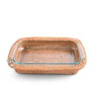 Anchor Hand Woven Wicker Rattan 3qt Rectangular Casserole Holder with turquoise fabric lining, natural tan woven exterior