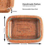 Anchor Hand Woven Wicker Rattan 3qt Rectangular Casserole Holder with dimensions and removable glass dish displayed.