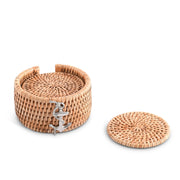 Anchor Hand Woven Wicker Rattan Coaster Set with holder and removable lid in natural tan.