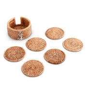 Anchor Hand Woven Wicker Rattan Coaster Set with 6 round woven coasters and matching holder in natural tan.