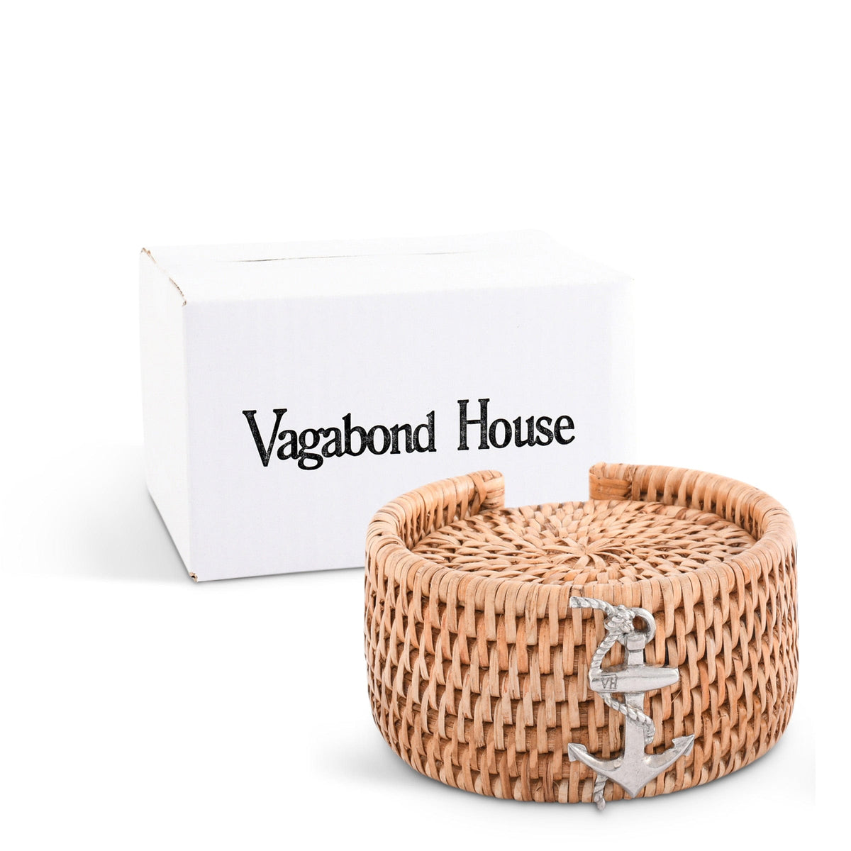 Anchor Hand Woven Wicker Rattan Coaster Set with white anchor design and packaging box