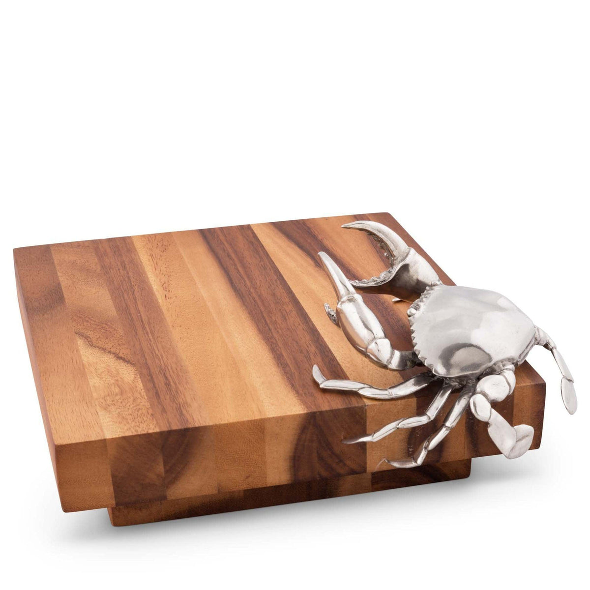 Crab Cheese Board with silver metal crab on striped wood surface.