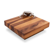 Crab Cheese Board, wooden cutting board with metal handles and striped wood grain pattern