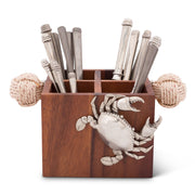 Crab Flatware Caddy filled with silver utensils and rope handles, front view.