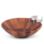 Crab Salad Serving Bowl with wood grain finish and silver crab handles on rim