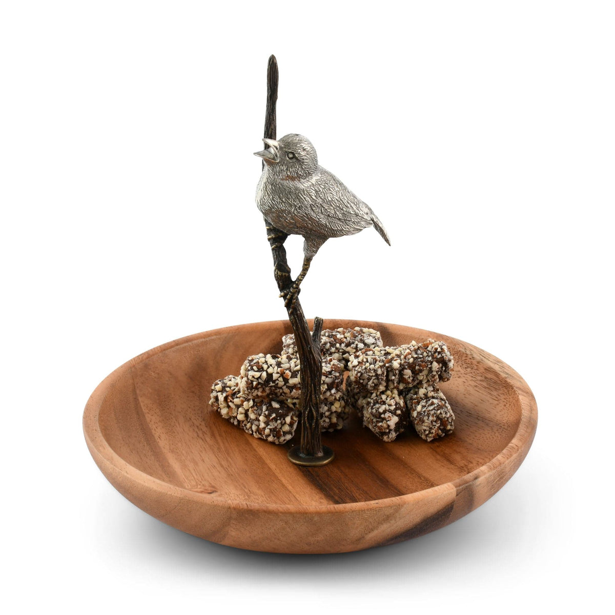 Bronze Song Bird Wood Tidbit Server Bowl with decorative bird perched on black branch above white beaded acorns